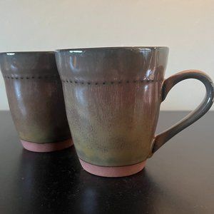 Set of 2 SANGO Cyprus Sienna Stoneware Mugs w/ Green Glaze & Copper Undertones